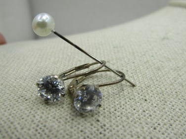 Vintage Sterling Silver CC Leverback Pierced Earrings, DQ CZ