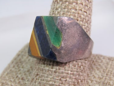 Vintage Sterling Men's Inlaid Ring, Mexico, Sz. 10.5, Signed LF, 1950's-1960's