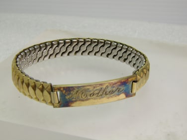 Vintage Expanding Engraved "Mother" Bracelet, 6", Signed Speidel, 10kt. G.P. 1960's-1970's