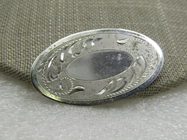 Vintage Sterling Oval Etched Scrolled Brooch, 1.75", 1960's