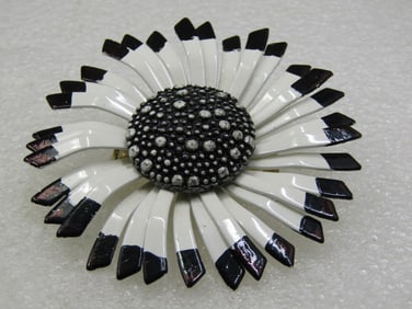 Vintage Black & White Enameled Floral Brooch, 2.5", 1960's