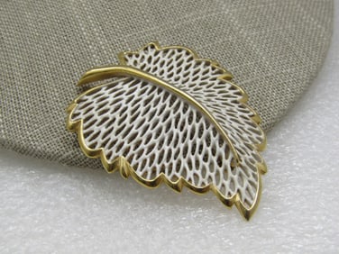 Vintage White Enameled Leaf Brooch, Filigree, 1960's-1970's
