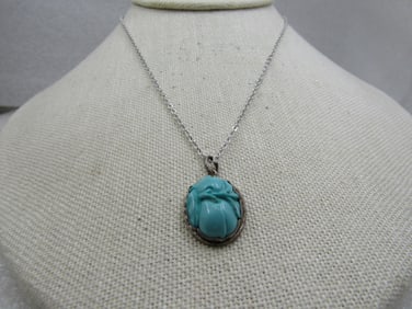 Vintage Silver Turquoise Glass Necklace with 15" Chain