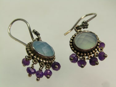Vintage Sterling Drop Pierced Earrings, Honeycomb Faceted/Amethyst Beads, 1980'S-1990'S, Signed
