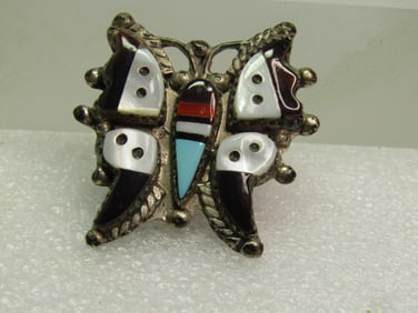 Vintage Zuni Sterling Inlaid Butterfly Brooch/Pendant, MOP, Onyx, Coral, Turquoise, 1970's-1980's,