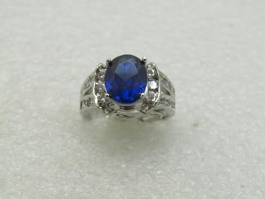 Simulated Blue Sapphire Ring with Clear CZ, Sz. 9.5