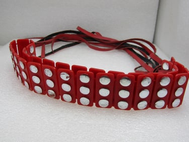 Vintage Red Plastic Silver Studded Belt, Tassels, 1970's-1980's
