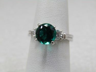 Sterling Plated Green & Clear Ring, Sz. 6.25, Engagement Style