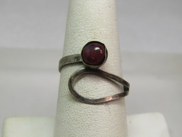 Vintage Sterling Red Agate Bypass Ring, Adjustable, 1960's-1970's