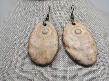 Vintage Hand Made Glazed Clay Earrings 2-3/8"
