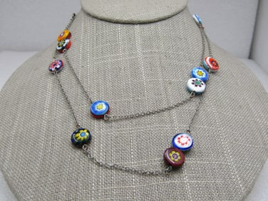 Vintage Glass Floral Beaded Necklace, 32", 1960's-1970's.