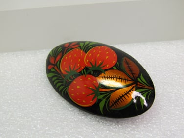Vintage Black Lacquered Strawberry Brooch, Wood, 1960's-1970's