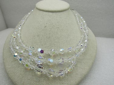 Vintage Triple Strand AB Beaded Necklace, 16", plus 2.5" extender chain