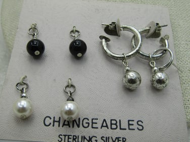 Changeable Sterling Silver Hoop Pierced Earrings, with Beaded Slides, Vintage new on card