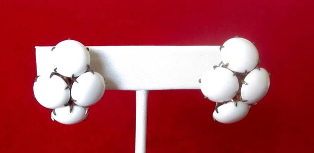 Pair of Vintage Milk Glass Screw Back Earrings from the 1950's: Pair of Vintage Milk Glass Bead Screw-Back Earrings Circa. 1950 American Milk glass screw back earrings Round cabochon stones set in brass with prongs Each earring measures 1 1/8 inches high x 7/8 inc