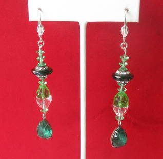 Pair of Art-Deco Green & Clear Crystal Earrings With Tiny Paste Rondelles: Pair of Art-Deco 3 1/4 Inch Long Earrings With Green & Clear Crystal Beads Circa. 1930 American Long and really fabulous deco green and clear stone earrings! Super sparkly green and clear crystals tha