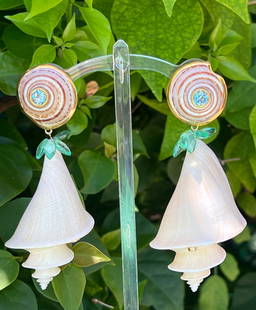 Japanese Wonder Shell Earrings with Sapphire and Fluorite Birolettes: Title:Japanese Wonder Shell Earrings with Sapphire and Fluorite Birolettes Description:Smashing pair of Japanese Wonder Shells set with an orchid-colored Sapphire. Sun Dial tops set with Sky Blue Topa