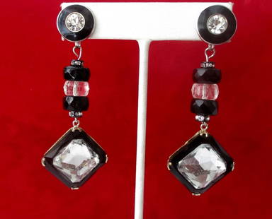 Pair of Vintage Art-Deco French Jet & Paste 3-Inch Screw-Back Earrings: Pair of Deco Screw-Back 3-Inch Earrings With Black Enamel, French Jet, Paste Stone, & Clear Glass Rondelles Circa. 1930-1935 American Gorgeous pair of 3-inch screw-backs from the 30's French jet deco