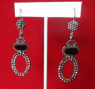 Pair of Antique French Cut Steel Earrings With Black Glass French Jet Stones: Pair of Extraordinary French Cut-Steel Earrings With French Jet Circa. 1890-1900 France This pair was purchased in France. They have been polished to their original glory by our jeweler. Camera cannot