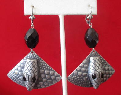 Pair of Vintage French Jet Snake Earrings: Pair of Vintage French Jet Snake Earrings Circa. 1980 American New old stock silver with grey matte enamel. Vintage components rearranged in a new configuration. Black crystal eyes and large glass bea