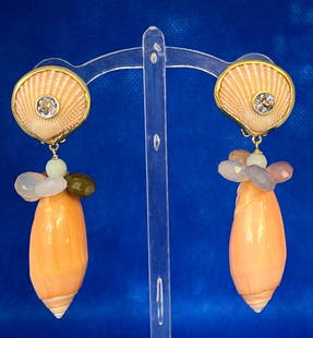 Pink Olive and Moonstone Drop Earrings: Title:Pink Olive and Moonstone Drop Earrings Description:Special Pink Scallops Tops with Round Tanzanite Stone - Drop Pink Olive Shells with Multi-colored Ring of Faceted Moonstones - Vermeil with a P