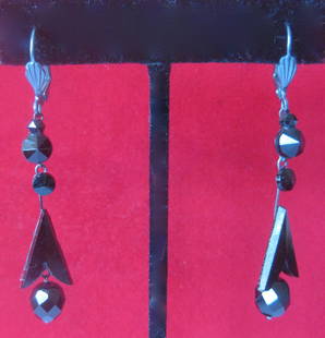 Pair of Victorian - 19th Century Black Vauxhall Glass Earrings: Pair of Victorian - Late 19th Century - Black Vauxhall Earrings Circa. 1880-1890 United Kingdom Black vauxhall (glass) earrings. This pair shows little wear. The dark, matching euro wires are a new re