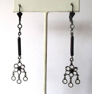 Pair of Vintage "Hippie Style" Boho Brass & Crystal 3-Inch Earrings: Pair of Vintage Crystal & Black Brass "Hippie-Style" Earrings Circa. 1980 American Black brass with black glass tubes Round, flat and clear crystals, bezel-set in black metal Black rhinestone in cente