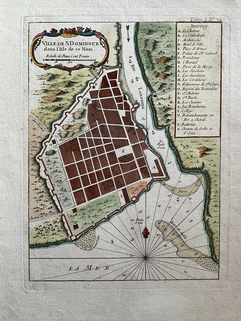 1764 Map of Santo Domingo by Nicolas J. Bellin, Colonial-Era View of the Oldest European City in the: Title: 1764 Map of Santo Domingo by Nicolas J. Bellin, Colonial-Era View of the Oldest European City in the Americas Date/Period: 1764 Materials: Hand colored, copperplate engraved Size: 6 1/3 x 8 3/4