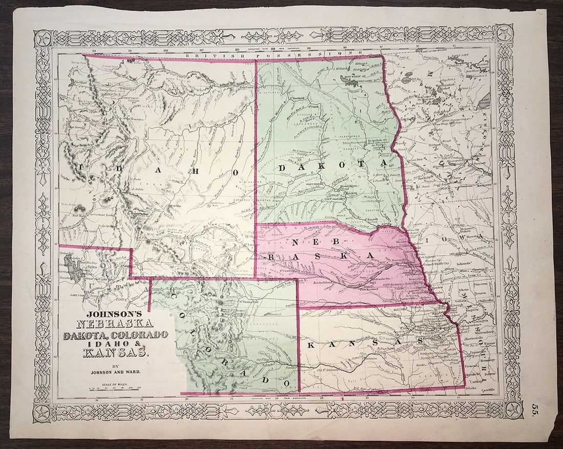 Johnson's Nebraska Dakota, Colorado Idaho & Kansas: Publication Date: 1866 Title: Johnson's Nebraska Dakota, Colorado Idaho & Kansas Cartographer: JOHNSON, ALVIN JEWETT Publisher: A.J. Johnson Height: 12.6 Width: 15.5 Western Idaho, Utah and Colorado n