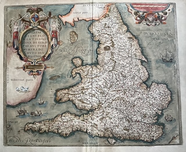 1579 Map of England & Wales by Abraham Ortelius: Title: 1579 Map of England & Wales by Abraham Ortelius Date/Period: 1579 Materials: Hand colored copperplate engraved, Size: 18 1/2 x 15" 1579, Rare copperplate-engraved map of England and Wales by Ab