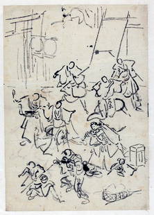UTAGAWA school (attr. to): Group of samurai fighting: Artist: UTAGAWA school (attr. to)Title: Group of samurai fightingDate: later 19th c.Medium: Black ink ('sumi') on paper.Size/Format: c. 9" x 6.5"Description: Figure studies for a woodblock