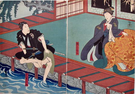 Hirosada: Woman and Samurai: Artist: HIROSADASubject: A woman and a samurai by waterPublisher: KawatoSignature: Hirosada with sealDate: c. 1850Format: chuban diptych, 37 x 25.8 cmCondition: Fine impression with metallics, fine