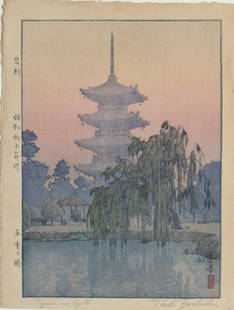 Toshi Yoshida: Pagoda in Kyoto: Artist: Toshi YOSHIDA (1911-1995) Subject: Pagoda in Kyoto Publisher: Self Signature: Toshi Yoshida in pencil Date: 1942 Format: chuban, 20.2 x 26.6 cm Condition: Fine impression and color, toning Res