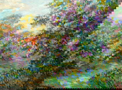 Oil painting The summer scent of lilac Ivan Kovalenko: Koval 230 The oil painting titled "The Summer Scent of Lilac" captures a peaceful and idyllic scene of a countryside garden in full bloom, evoking feelings of warmth, tranquility, and the beauty of na