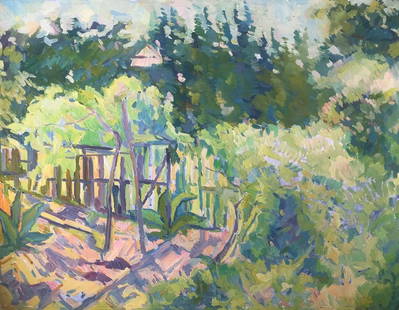 Oil painting House and garden Peter Tovpev: AAA2198 "House and garden" is an oil painting that depicts a summer scene of a lush garden with a house between trees. The painting is full of vibrant colors that evoke the feeling of warm summer days