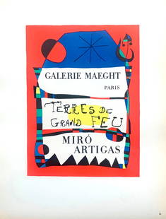 Miro lithograph 53 Terre de grand feu, Art in posters 1959: Title: Terre de grand feu Artist: Joan Miro Country: Spain Medium: Lithograph Paper size: 12.5 X 9.5 inch Printed: 1959 by Mourlot Freres, France Provenance: Art in posters book 1959 Condition: