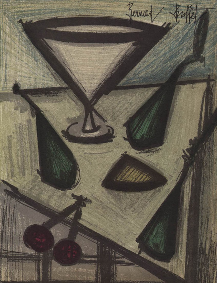 Bernard Buffet Still Life with Fruits Original Lithograph 1967: Artist: Bernard Buffet Country: France Title: Still life with fruits Medium: Original Lithograph Marks: Signed in plate, not numbered Printed: 1967 by Fernand Mourlot France Paper: Velin Acropole 12.5