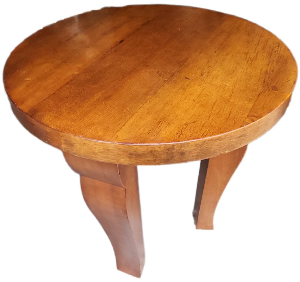 Vintage Bauhaus Style Deco-Influenced round solid wood side table w/ bold sculptural design.: Vintage Bauhaus Style Deco-Influenced round solid wood side table w/ bold sculptural design. Shipping: Domestic: Shipping rates are determined by destination International: Foreign shipping rates are