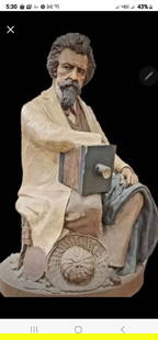 Collectible ceramic sculpture by Tom Clark of Mathew Brady famous Civil War photographer. Circa 1991: This is a vintage ceramic sculpture of Mathew Brady, a famous Civil War photographer, created by artist, Tom Clark in 1991. It depicts Brady resting on a tree stump, with his camera and straw hat near