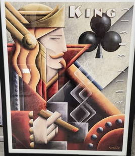 Vintage art deco / cubist poster titled "Kungl's King Cigar Club" by Michael Kungl. Facimile signed.: Vintage art deco / cubist poster titled "Kungl's King Cigar Club" by Michael Kungl. Facimile signed. Shipping: Domestic: Shipping rates are determined by destination International: Foreign shipping ra