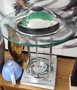 Sonneman Saturn Mid-Century Modern glass and chromed Steel table lamp: The condition of the lamp is excellent except for a crack in the glass in the back part of the lamp as pictured. Which can be replaced. Shipping: Domestic: Shipping rates are determined by destination