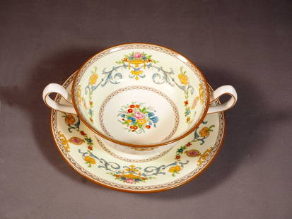 Minton Talbot B1124 Cream Soup Bouillon Cup & Saucer Bowl Enamel Antique: This is a rare and gorgeous set of one Cream Soup/Bouillon Bowl with Serving Plate/Saucer, from the famous Talbot collection by Minton - Made in England. The cream soup bowl and saucer are properly ma
