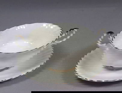 Royal Albert CHANTILLY Cream Soup Bowl Saucer Set White Silver Platinum: This is a gorgeous Bone China Cream Soup Bowl and Saucer set from the famous Chantilly collection by Royal Albert - Made in England. The rims of this pattern with hand-applied bands of platinum rim on