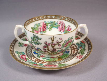 Coalport Indian Tree SMOOTH Cream Soup Bouillon Bowl Cup Saucer England: This is set of one Cream Soup/Bouillon Bowl with Serving Plate/Saucer made by Coalport, England in famous the Indian tree pattern. The pattern includes the crooked, coral-like branches of a leafy, flo