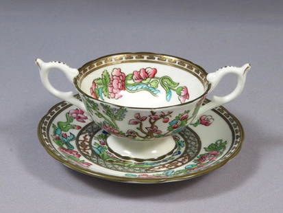 Coalport Indian Tree Scalloped Cream Soup Bouillon Bowl Cup Saucer England: This is set of one Cream Soup/Bouillon Bowl with Serving Plate/Saucer made by Coalport, England in famous the Indian tree pattern. The pattern includes the crooked, coral-like branches of a leafy, flo