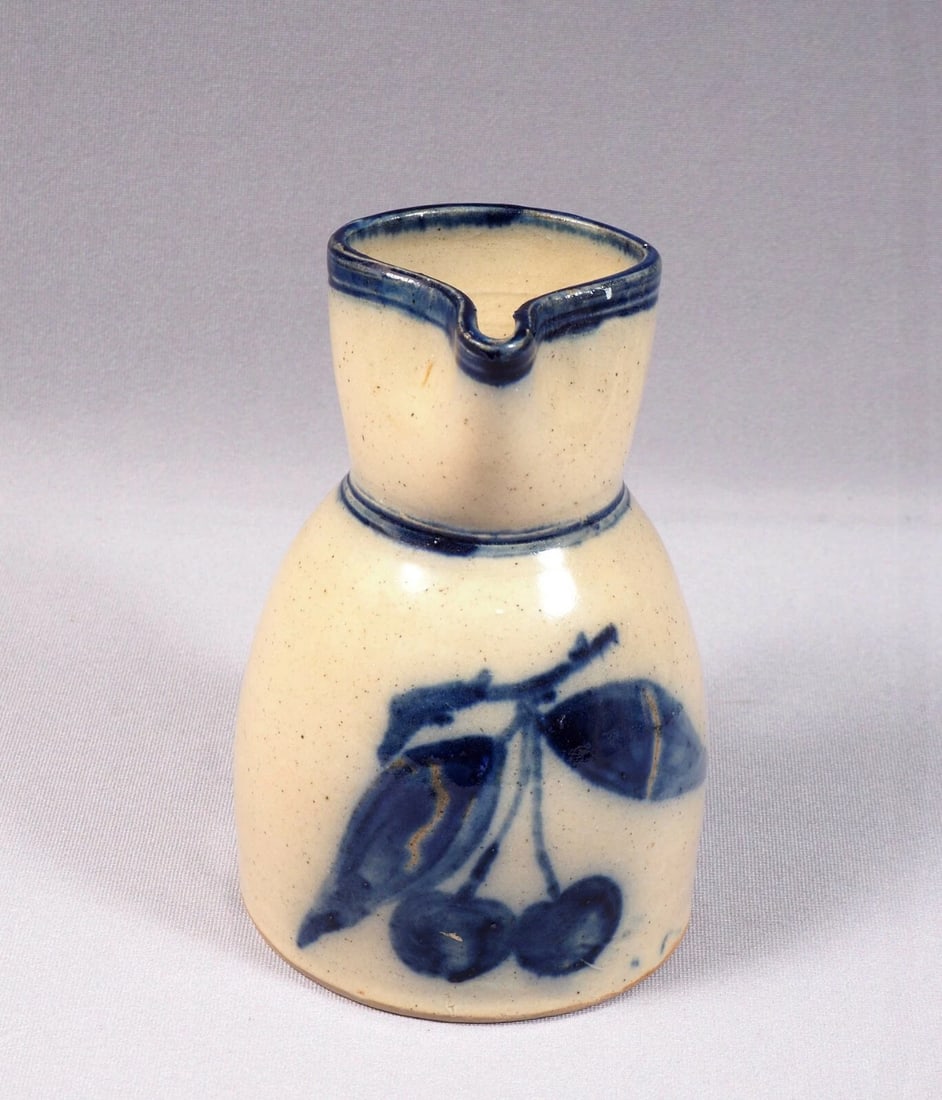 Blue Cherry Decorated Salt Glazed Stoneware Pitcher Jug Vintage Antique (1 of 5)