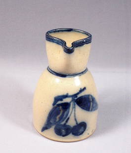 Blue Cherry Decorated Salt Glazed Stoneware Pitcher Jug Vintage Antique: Absolutely magnificent, this antique salt-glazed stoneware gray and blue pitcher/jug. It is decorated with lovely blue cherries. It has 1/2 at the bottom The jug is 5 5/8" tall and 3 1/2" in diameter