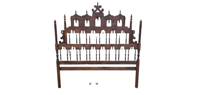 Vintage Pagoda Spanish Revival Spindle Carved Full Headboard: Vintage from before 2000 Vintage Pagoda Headboard Spanish Revival Spindle Hand Carved in the Size Full Circa 20th Century Dimensions W 56" D 2" H 59" Good Vintage Condition CONDITION: Please be aware