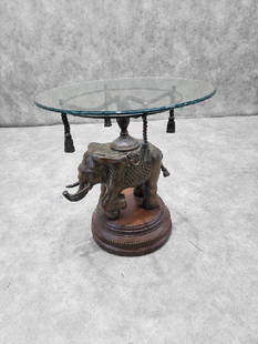 Vintage Erin Lane Bronze Elephant Pedestal Side Table: Vintage from before 2000 Vintage Erin Lane Bronze Elephant Pedestal Side Table Vintage bronze elephant pedestal side table by Erin Lane Estate from India. Bronze elephant standing on a carved wood pli