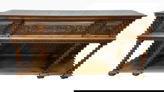 Antique French Jacobean Revival Renaissance Style Carved Walnut Sideboard Buffet: Vintage from before 2000 19th Century French Jacobean Revival Renaissance Style Carved French Sideboard Buffet Crafted from premium French walnut a stunning two-tier sideboard adorned with intricate r